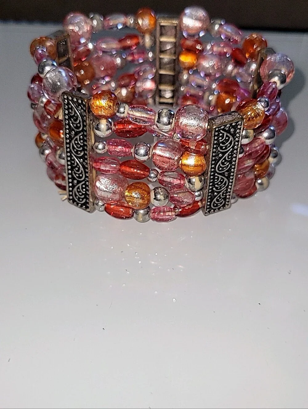 Pink Amber Multi Strand Beaded Stretch Cuff Bracelet Boho Statement